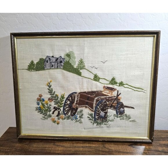 Vintage Framed Crewel #313 Old Wagon Wheel Farmhouse Landscape 17"x13" Rustic - Picture 1 of 14